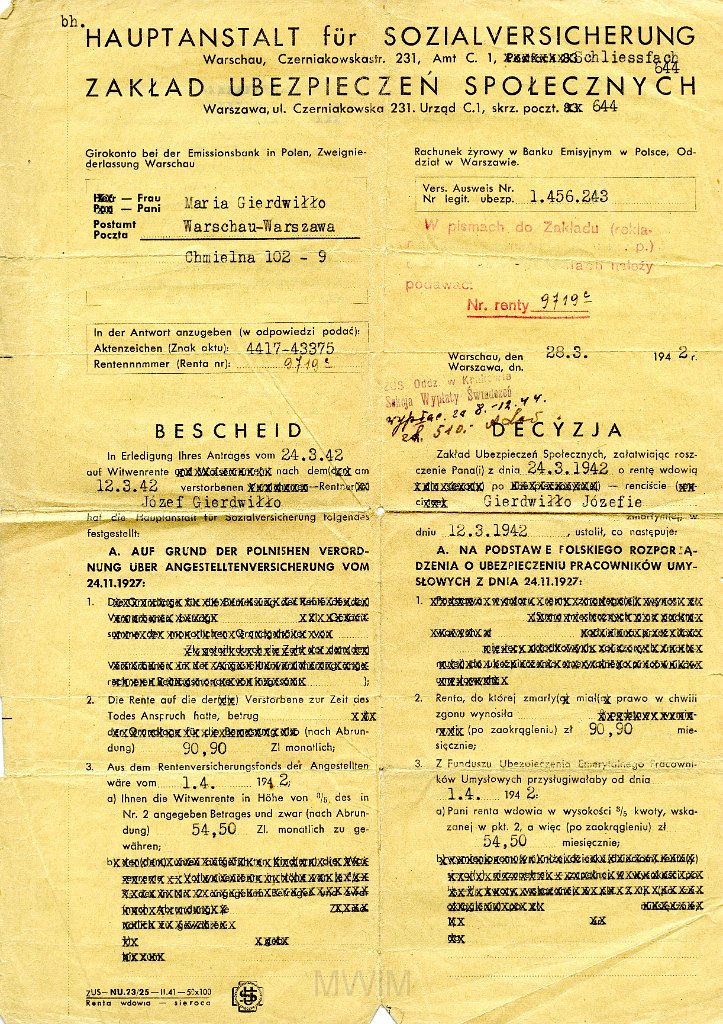 KKE 5723.jpg - (polsko-niemiecki) Dok. Decyzja o przyznaniu renty wdowiej dla Marii Gierdwiłłło po mężu Józefie, Warszawa, 28 III 1942 r.